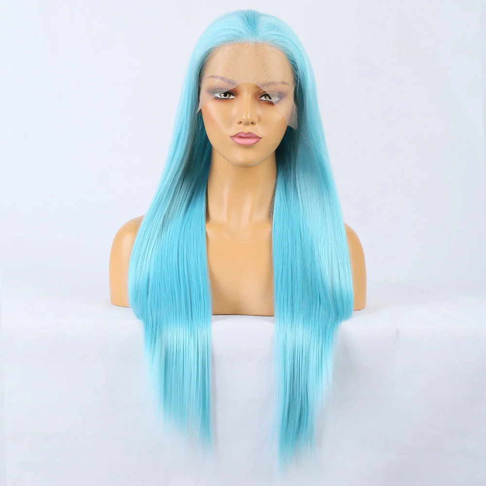 Plush Blue Front Lace Long Straight Hair - Image 2