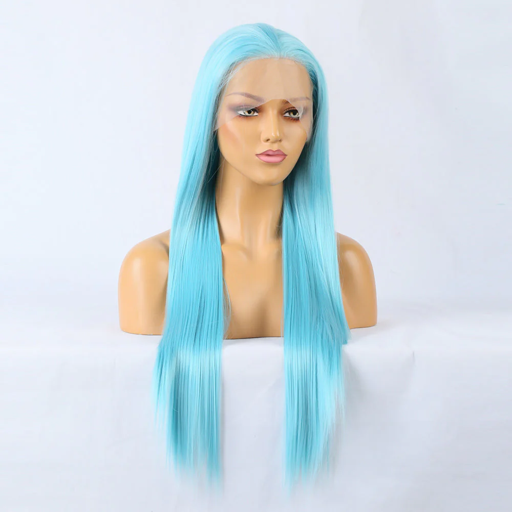 Plush Blue Front Lace Long Straight Hair - Image 4
